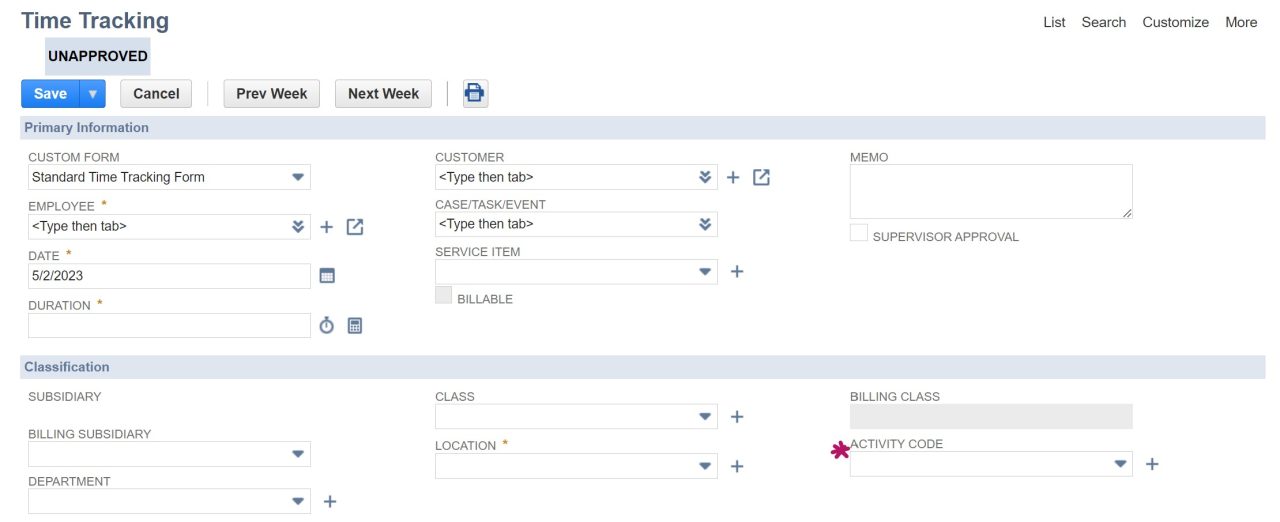 NetSuite Activity Codes | SuiteRep