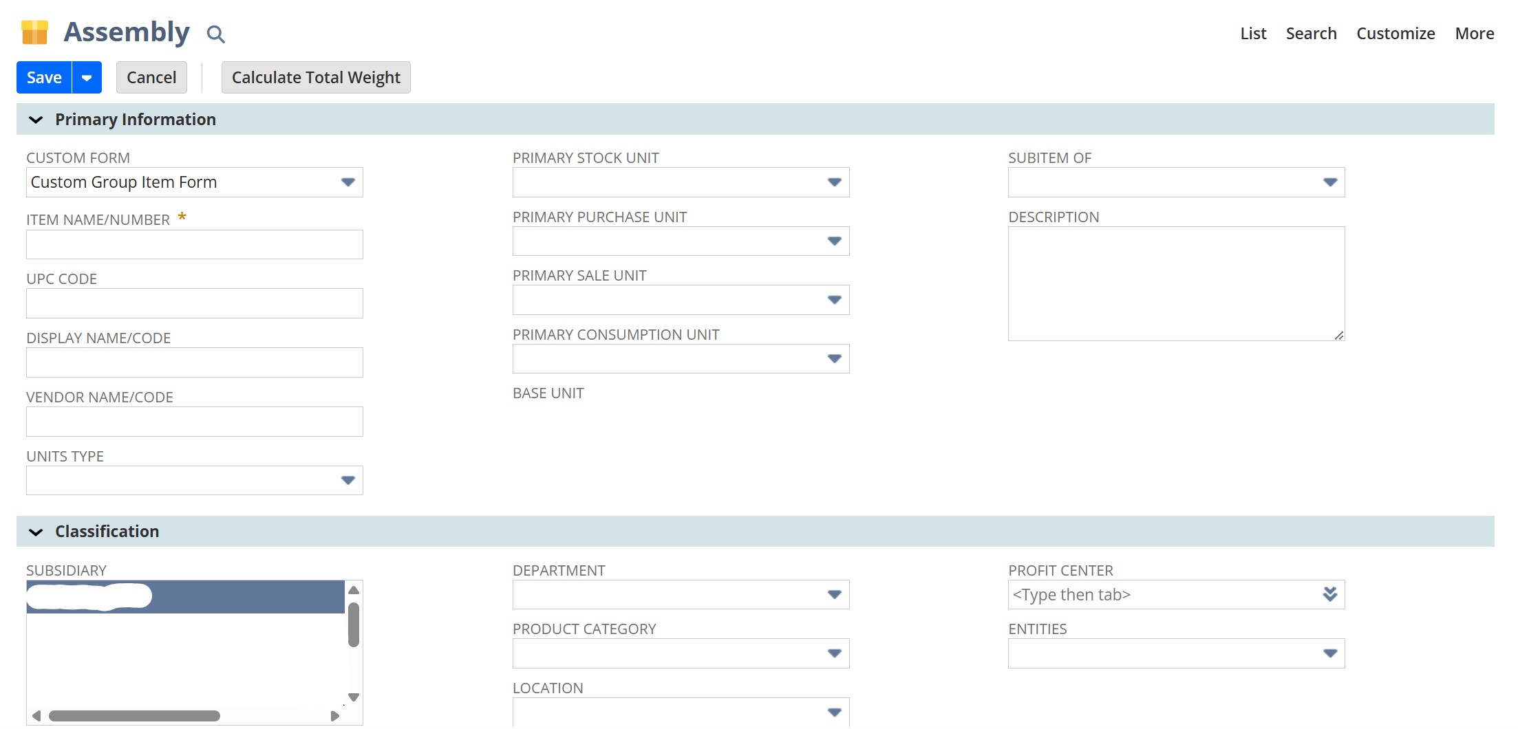 NetSuite Assembly Item Main Line
