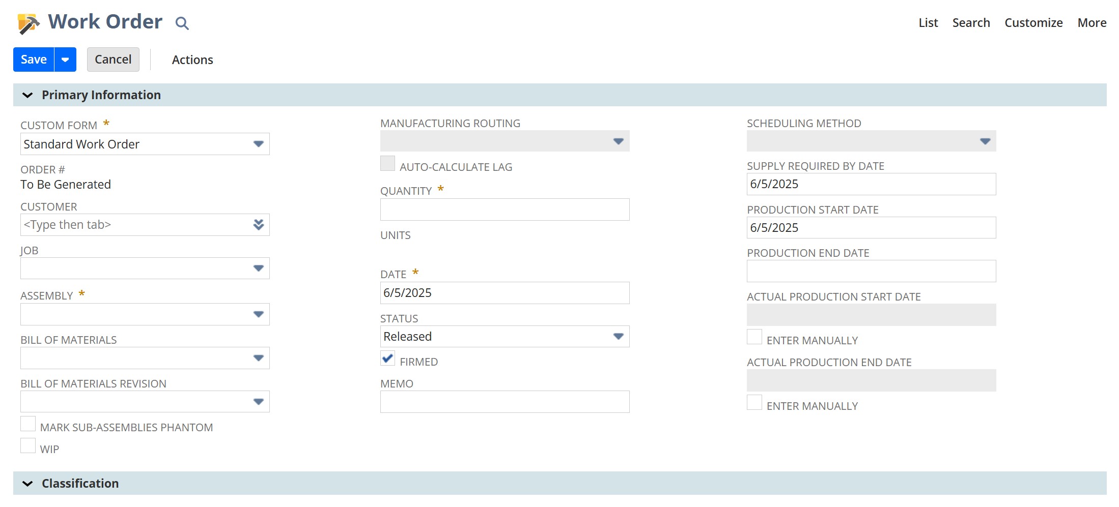 create NetSuite work order