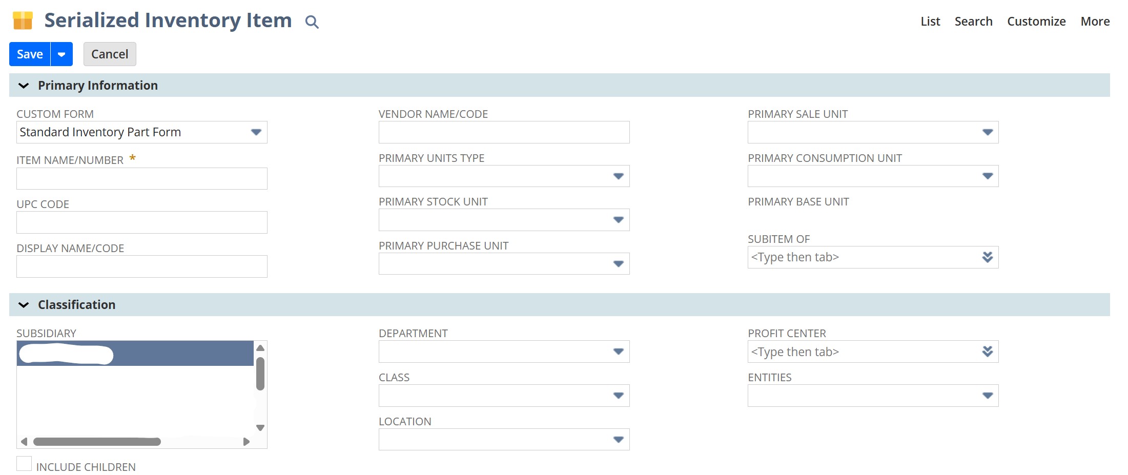 Set Up Primary Information on New NetSuite Serialized Item
