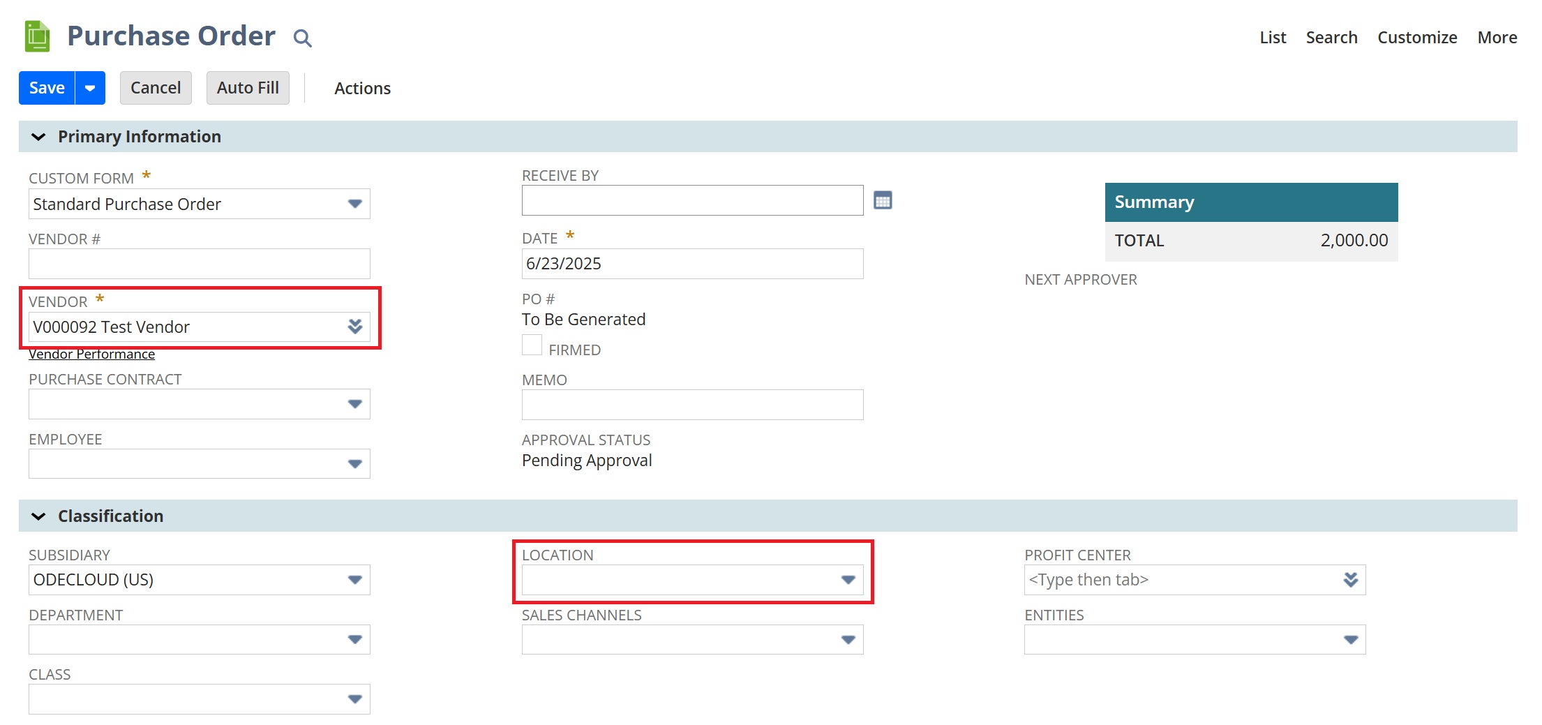 Create New NetSuite Purchase Order
