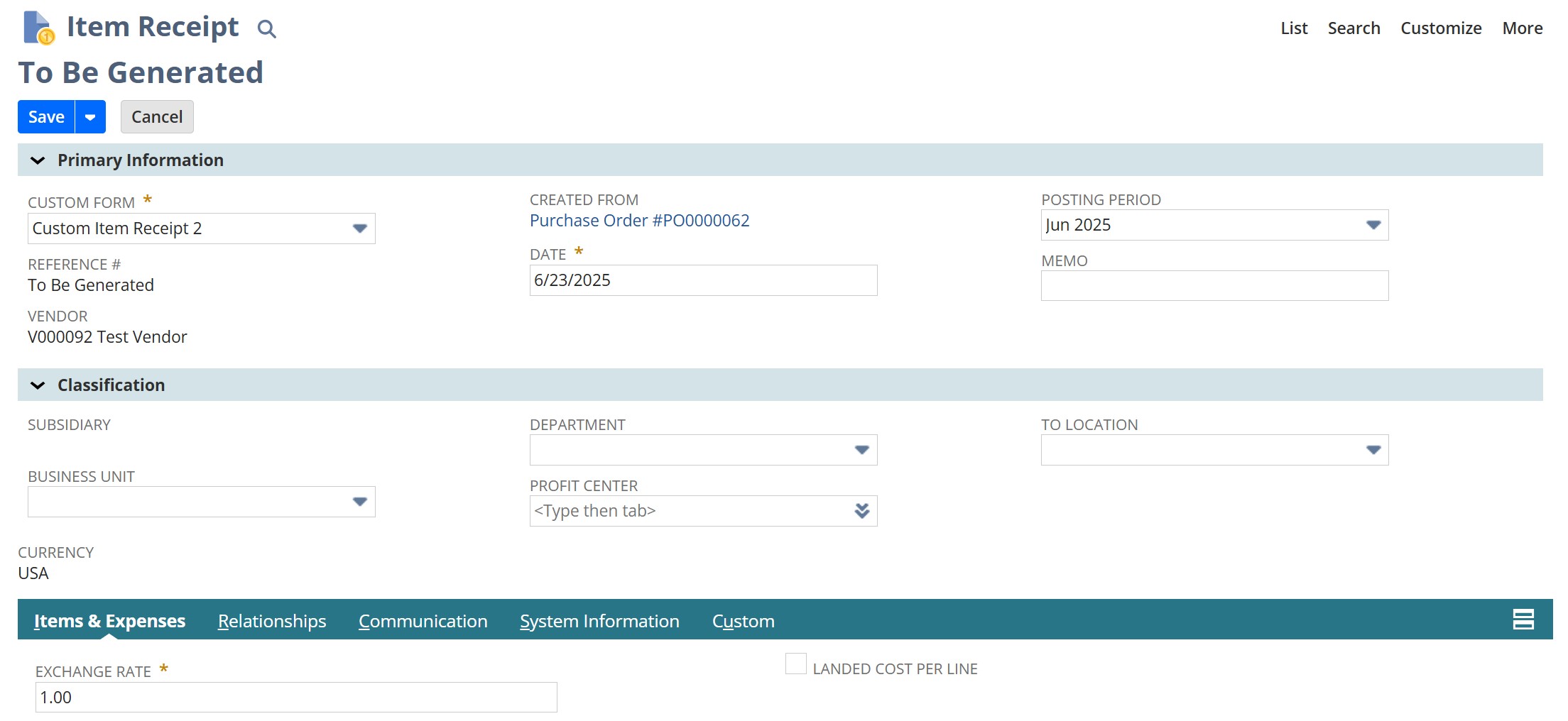 New NetSuite Item Receipt Record