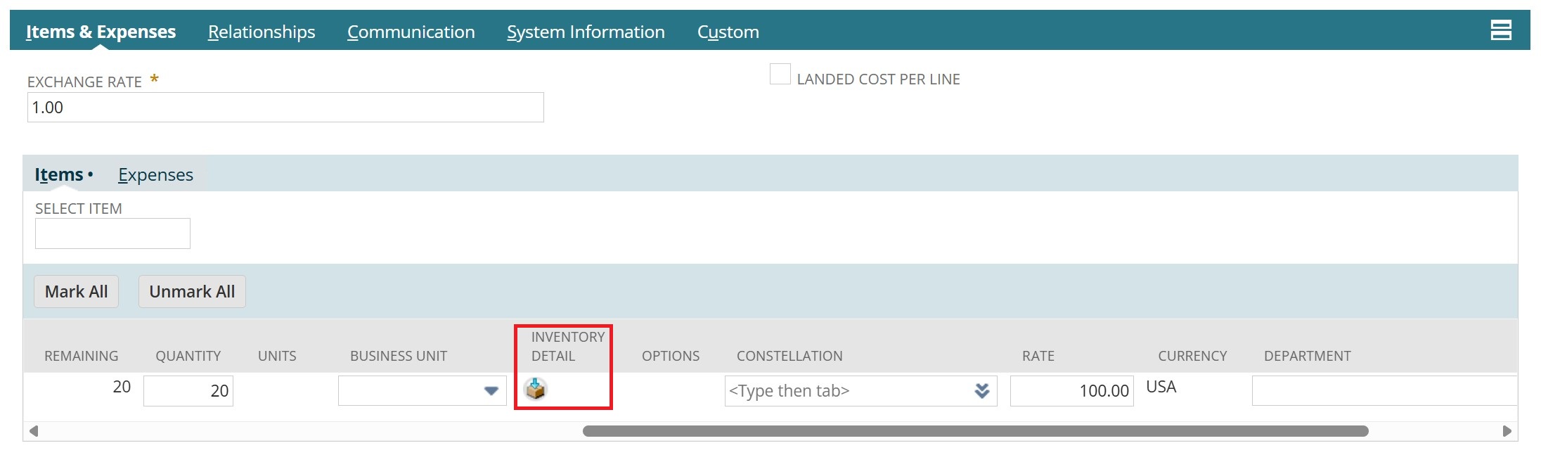 Items tab on NetSuite Item Receipt Record