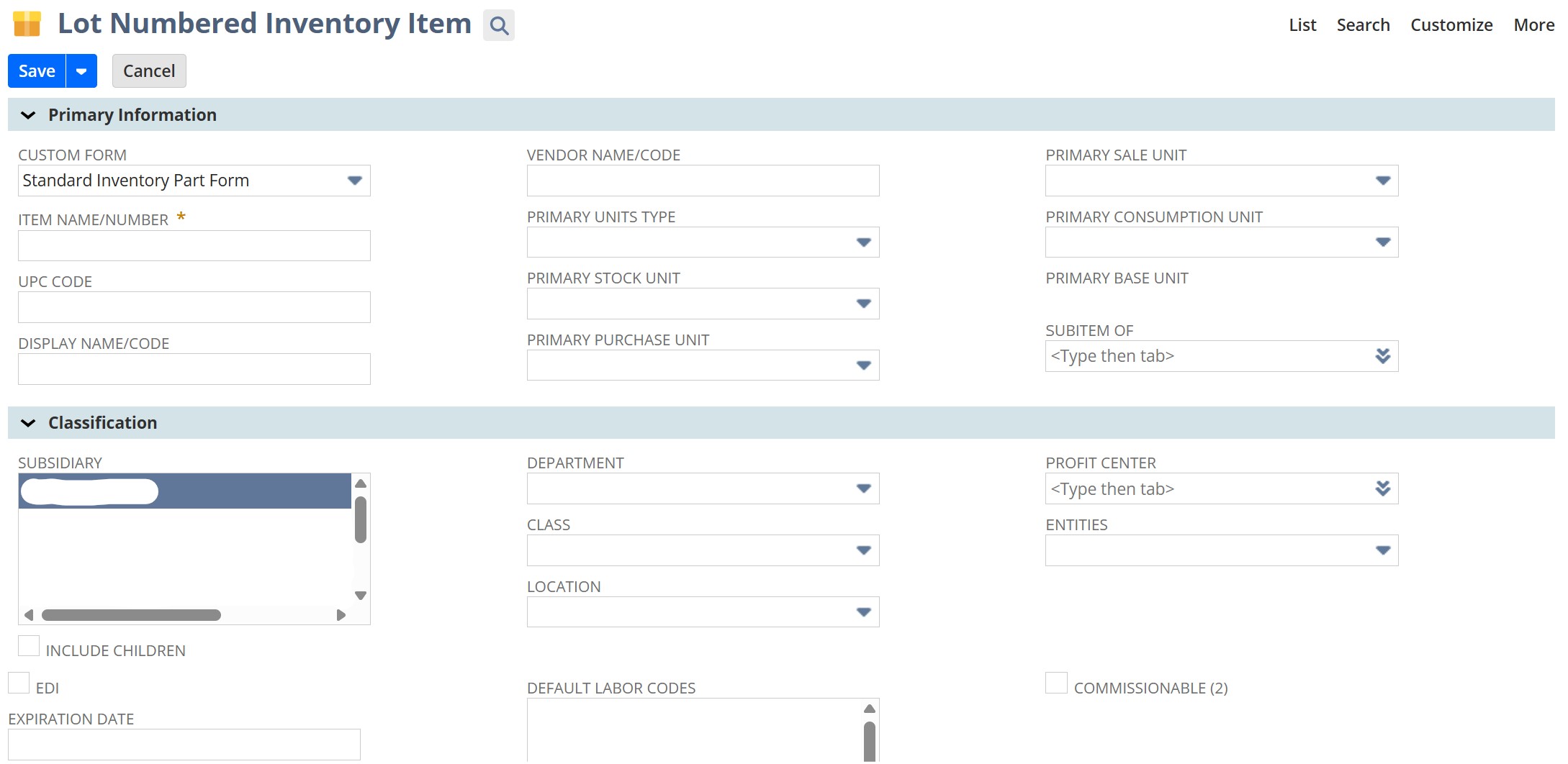 Create new NetSuite lot numbered item