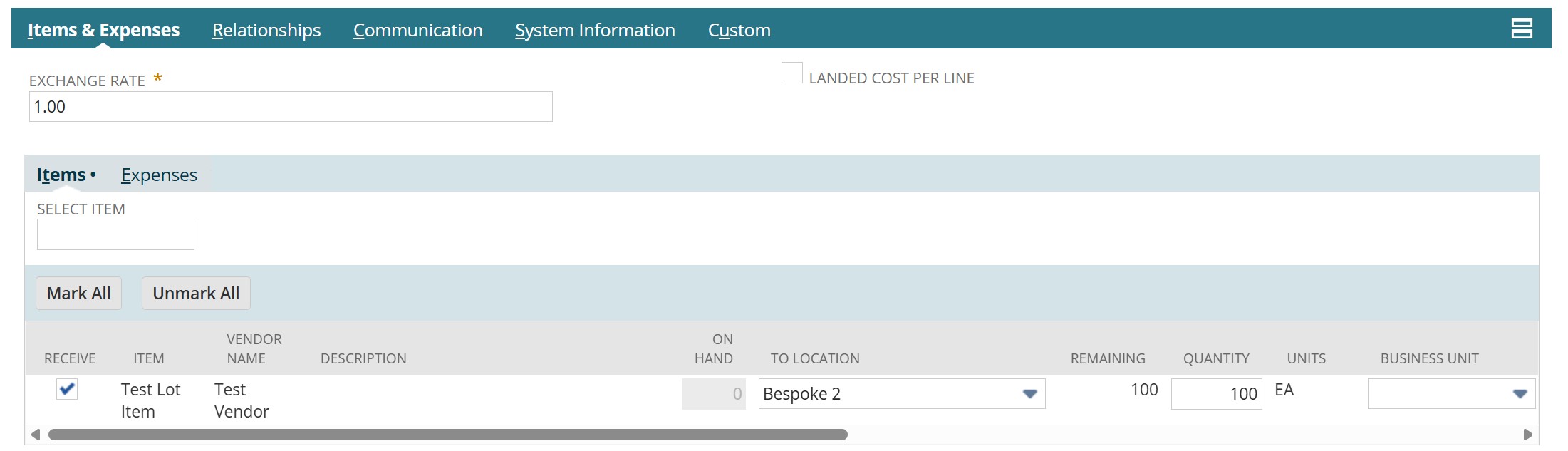 Receive NetSuite lot numbered items