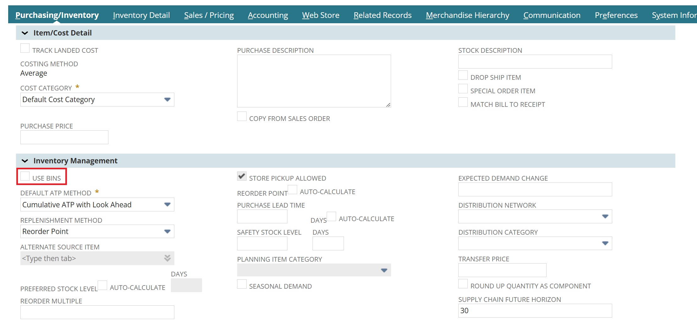 Configure items for NetSuite bins