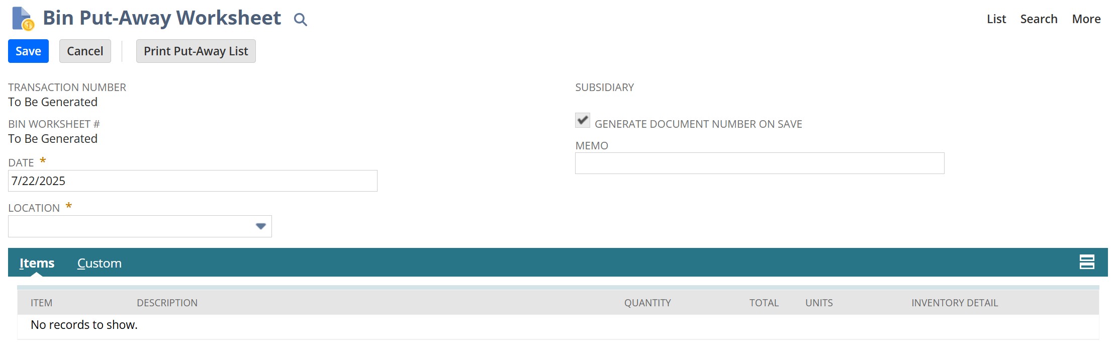 NetSuite bin put-away worksheet