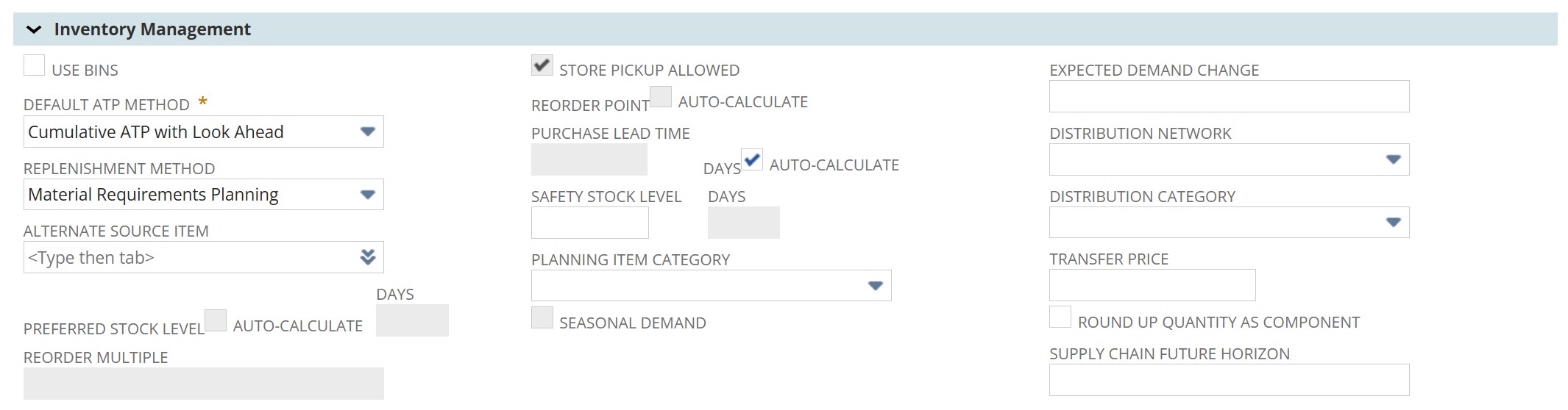 Set inventory preferences on NetSuite item record