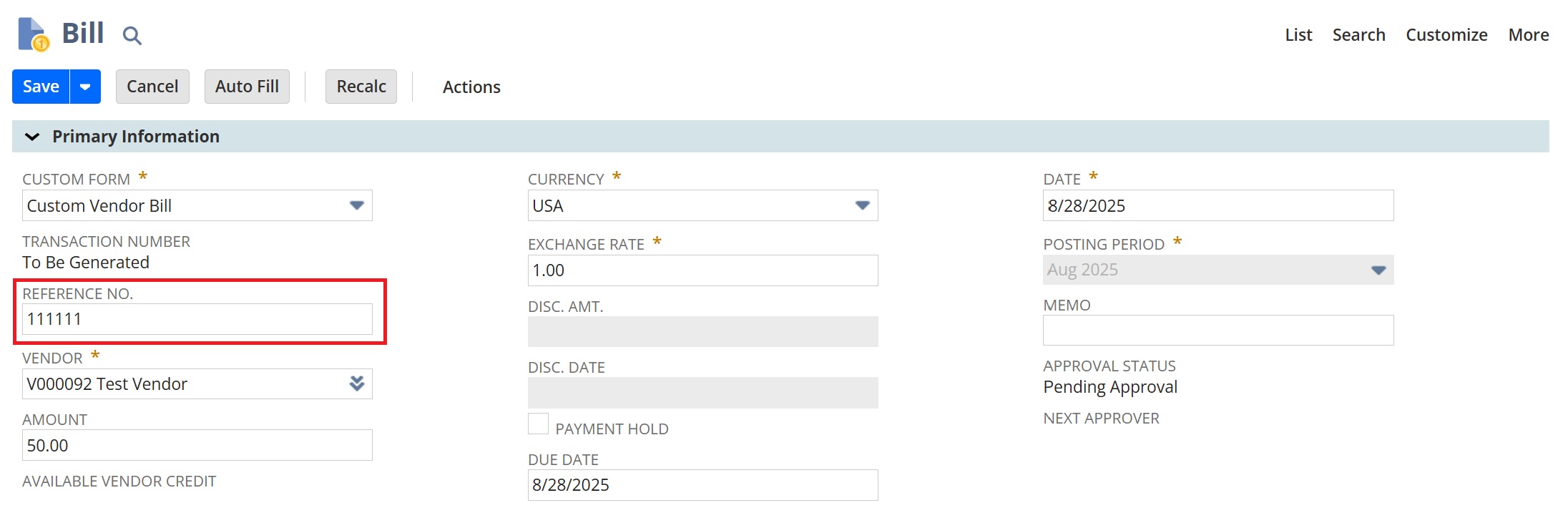 Reference number on a NetSuite other charge bill record