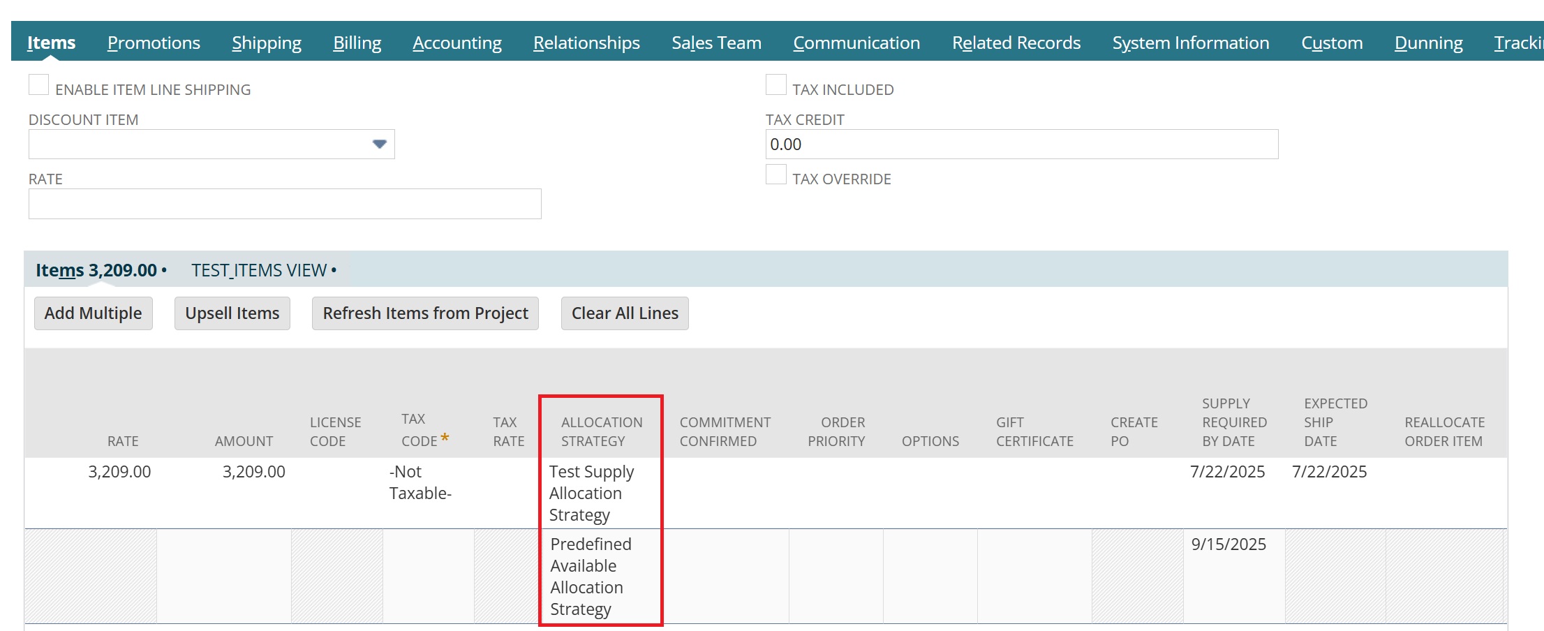 NetSuite select supply allocation strategy on line items