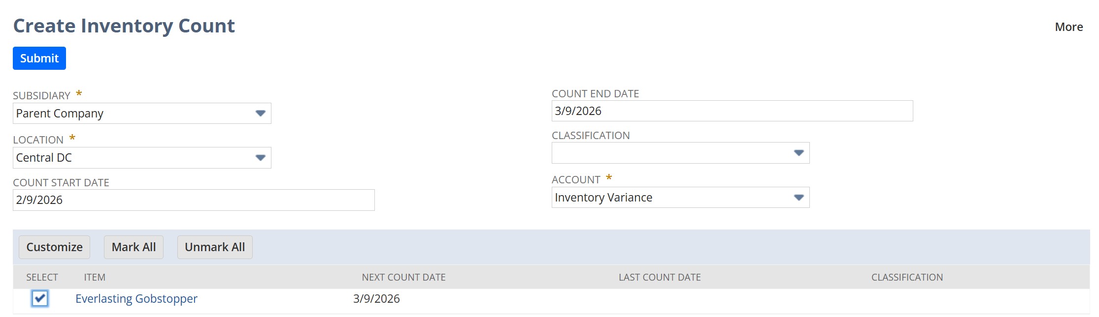 Create NetSuite Inventory Count
