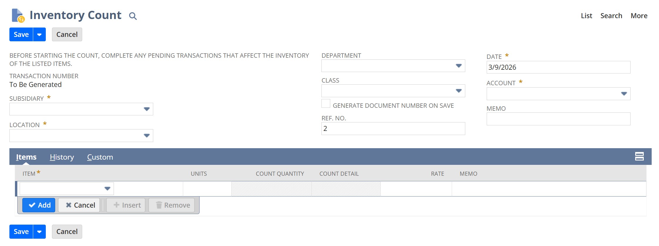 Enter Manual NetSuite Inventory Count