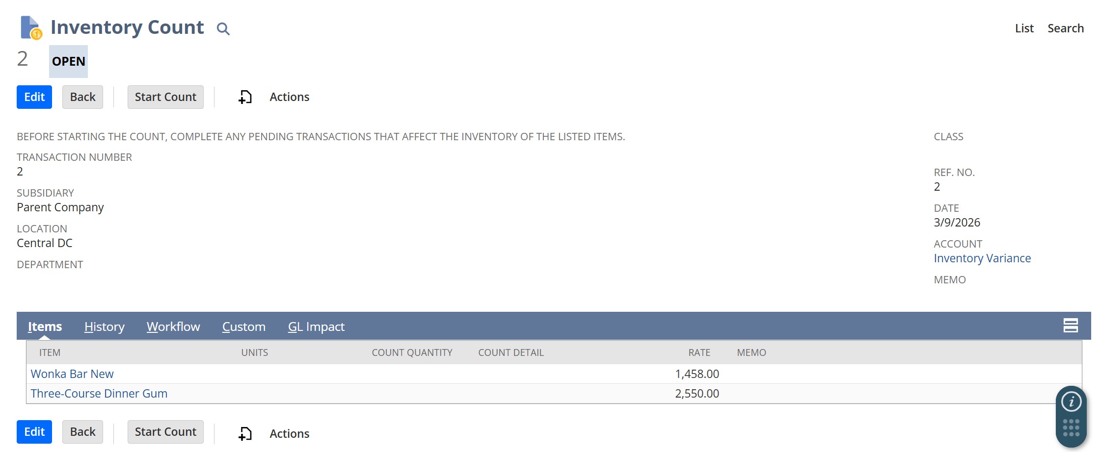Open NetSuite Inventory Count Record