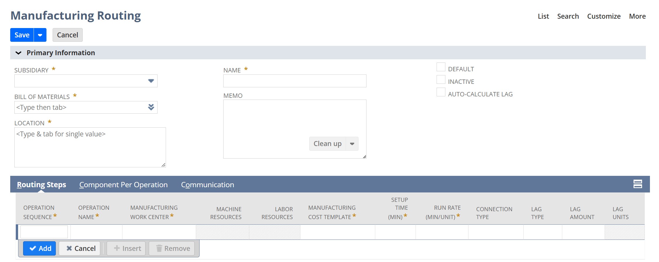 Create NetSuite Manufacturing Routing record