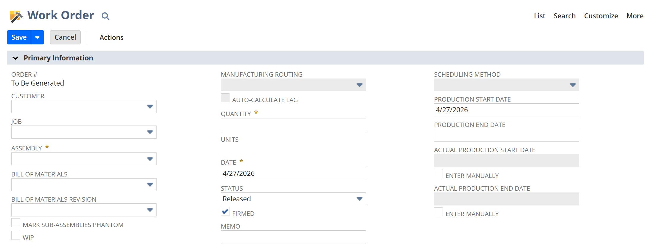 Enter NetSuite Work Order